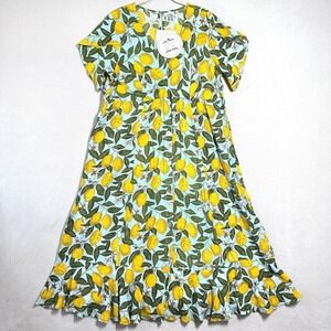 Parsley and Sage Dress Womens Large Lemon Print V Neck Midi Button Front NWT